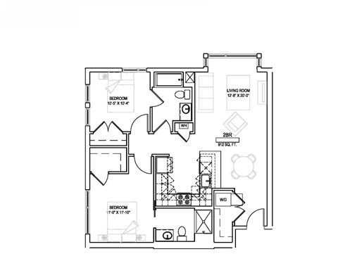 Floor plan for 2 beds, 2 baths, 912 sqft